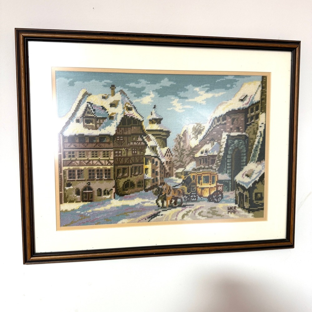 Vintage 90s Framed Winter Needlepoint Art, Horse and Carriage Christmas Country